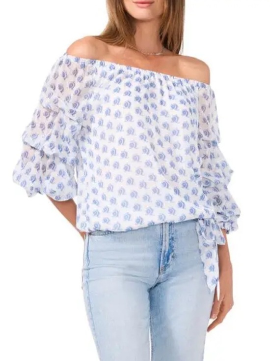 Vince Camuto Tops - Vince Camuto Lavender Off The Shoulder Blouse with Blue Floral Print
